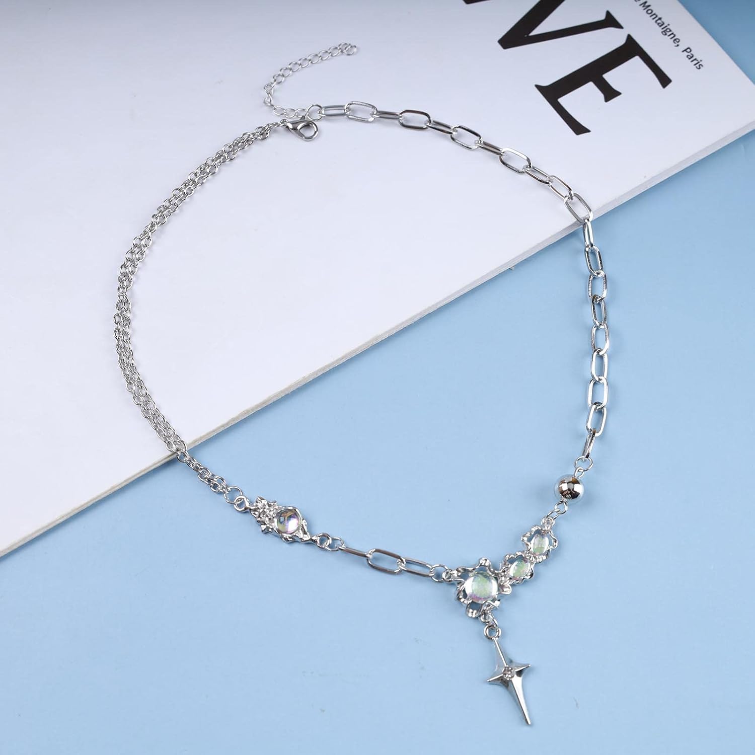 Andelaisi Boho CZ Star Choker Necklace Vintage Moonstone Paperclip Necklace Crystal Cross Pendant Necklace Ball Circle Chain Necklace Jewelry for Women - Image 3