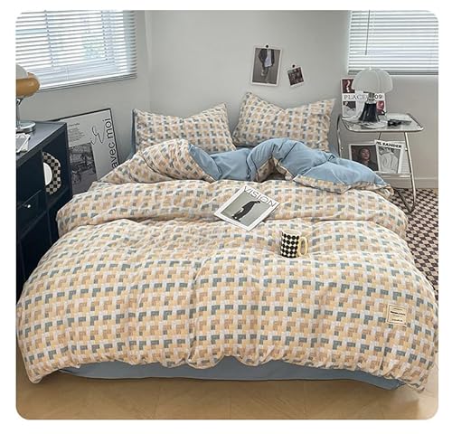 布団 4点 セット 掛け布団 ベッド ベッド ボックス 枕 寝具セット 洋式・和式兼用 シンプル カラーマッチング 掛け布団 洗える 布団かばー フラット 枕 肌に優しい ベット チェック柄プリントキルトイェロー 洗い替え 速乾肌に優四季適用 (セミダブル