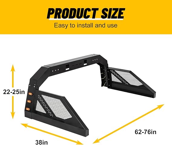 Adjustable Chase Rack Roll Bar for Pickup Trucks, Universal Fit Truck Roll Bar with Amber Side Markers, Heavy-Duty Steel Construction, 60.03-64.84 Mounting Width