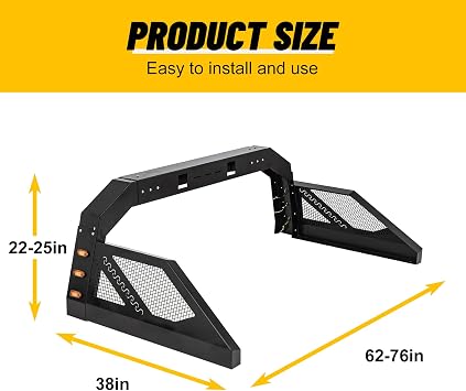 Adjustable Chase Rack Roll Bar for Pickup Trucks, Universal Fit Truck Roll Bar with Amber Side Markers, Heavy-Duty Steel Construction, 60.03-64.84 Mounting Width