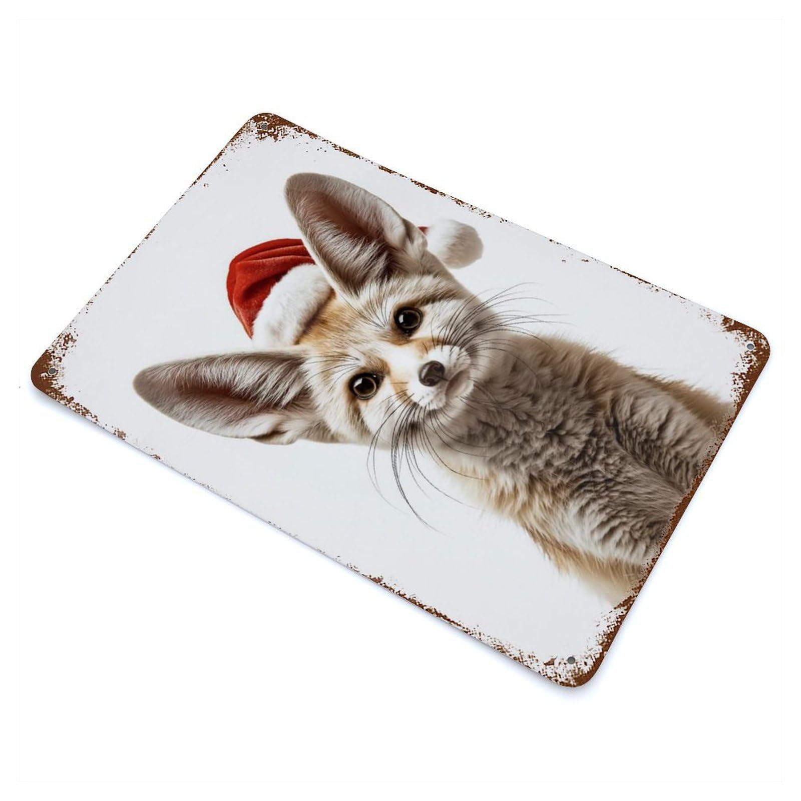 Christmas Fennec Fox Portrait Vintage Wall Sign 11.8"x7.9", Rust Effect Metal Decor for Bistro, Counter And Cafe Decor