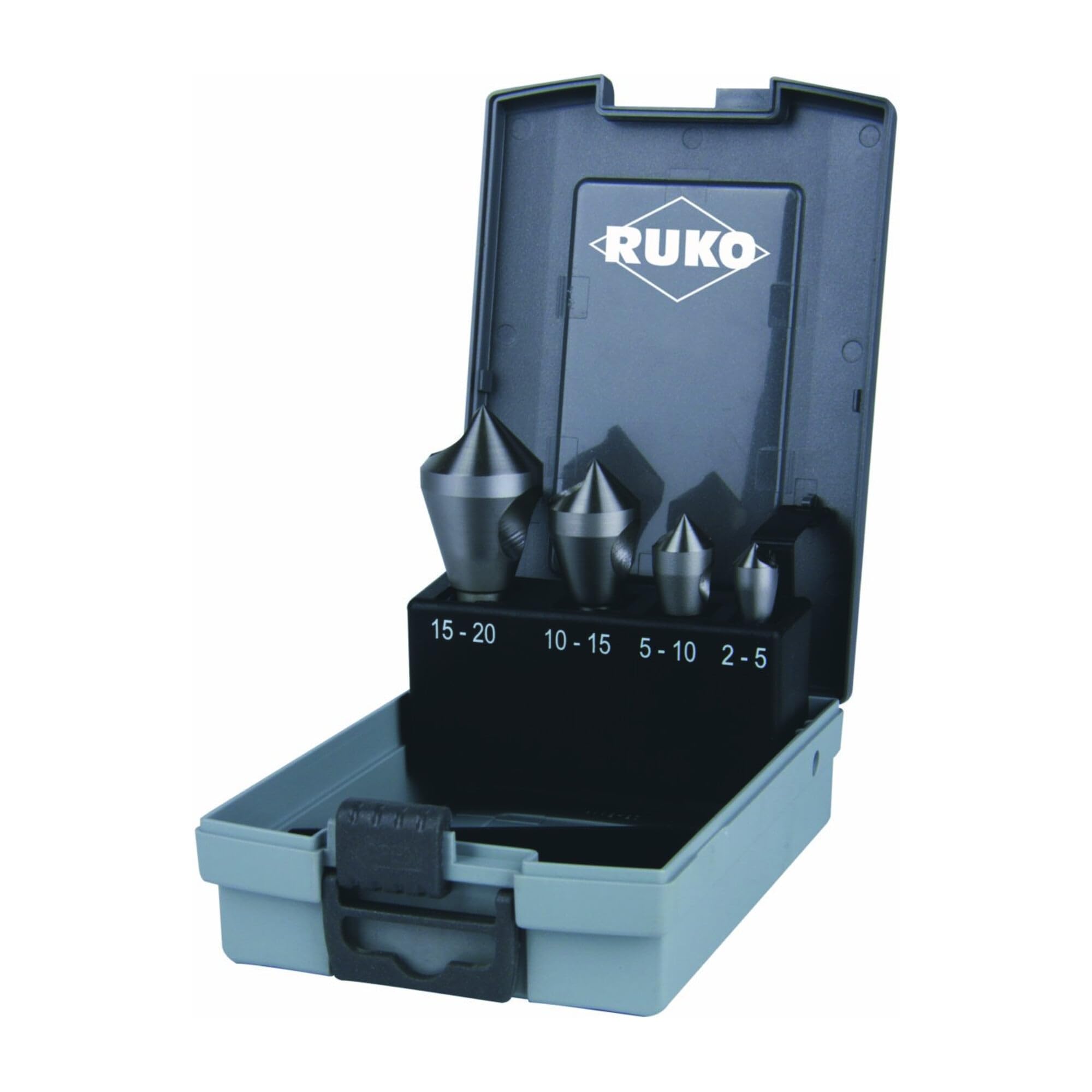 RUKO HSSE-Co R102312ERO Kegelschlitz und Entgratkasten im Stahlgehäuse, 90 Grad, glänzend, 4-teilig, R102312ERO