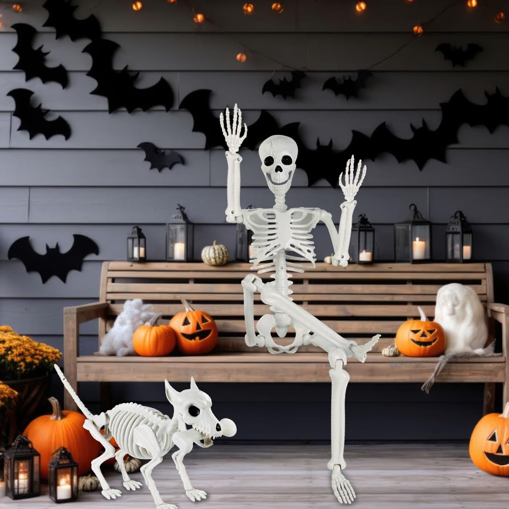JOLCEEY 1 scheletro mobile per Halloween, 90 cm, realistico, ossa di scheletro umano, articolazioni mobili per tutto il corpo, con scheletro di cane a 1 testa, per oggetti di scena di Halloween