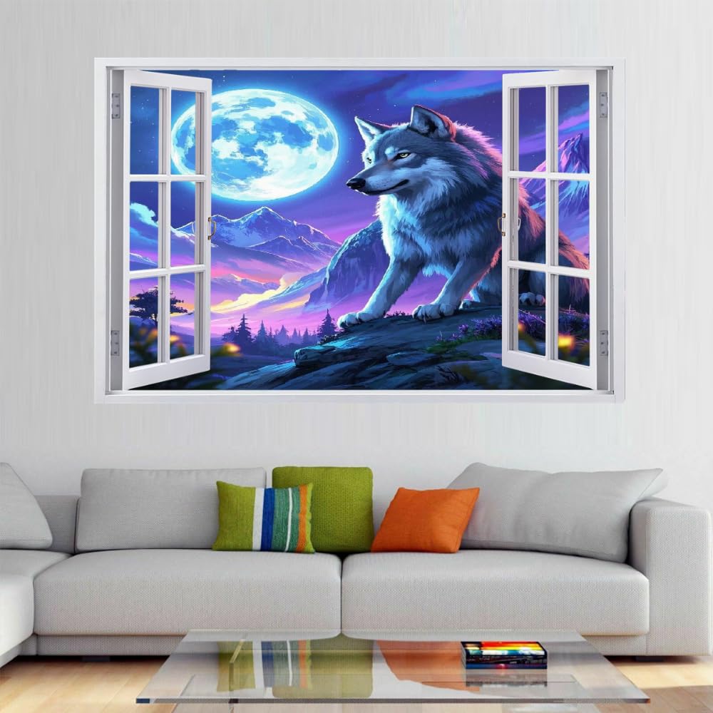 Wandtattoo Aufkleber Wandbild Wolfsmond Mauerloch 3D Durchbruch Effekt Wandsticker Nachtlandschaft Wandaufkleber Wanddeko fürs Wohnung Wohnzimmer Schlafzimmer Bad Kinderzimmer Tapeten Deko