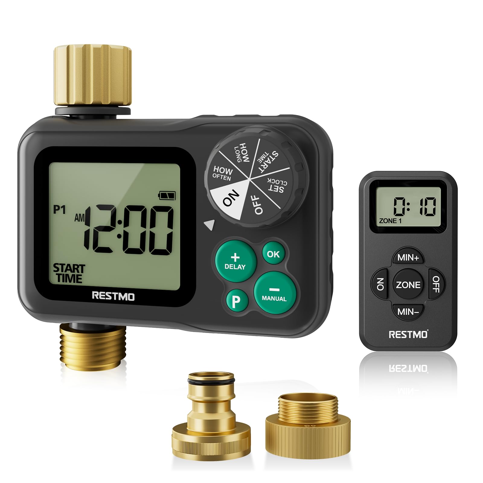 RESTMO Remote Control Brass Water Timer for Outdoor Hose Faucet, Up to 11h59m Programmable Sprinkler Timer for Soaker Hose, Misting with Large Dial, Rain Delay/Manual/Automatic Irrigation System