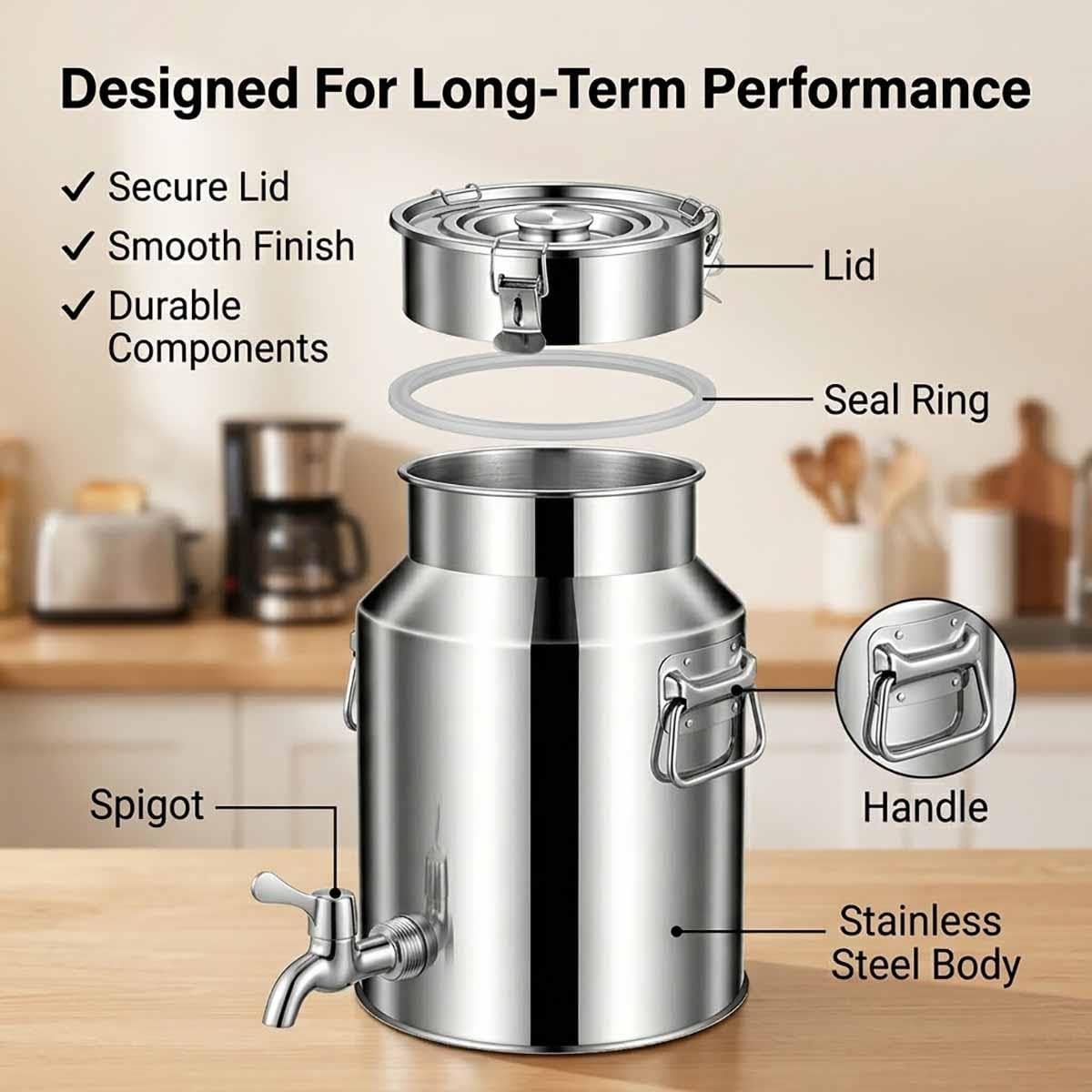 Cántara De Leche De Acero Inoxidable Jarra Con Grifo Recipiente De Aceite | Dispensador Con Tapa De Sellado De Silicona Asas Para Almacenar Vino Bebidas Agua En Restaurante(With faucet,35L)