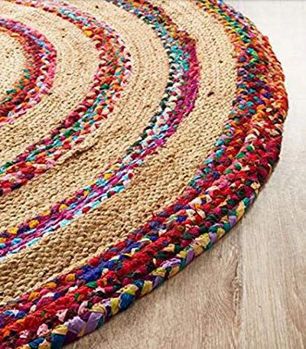 Image of The Home Talk Cotton and Jute Braided Floor Rug,Chindi,150 cm /5 Feet Round diamater- Multicolor