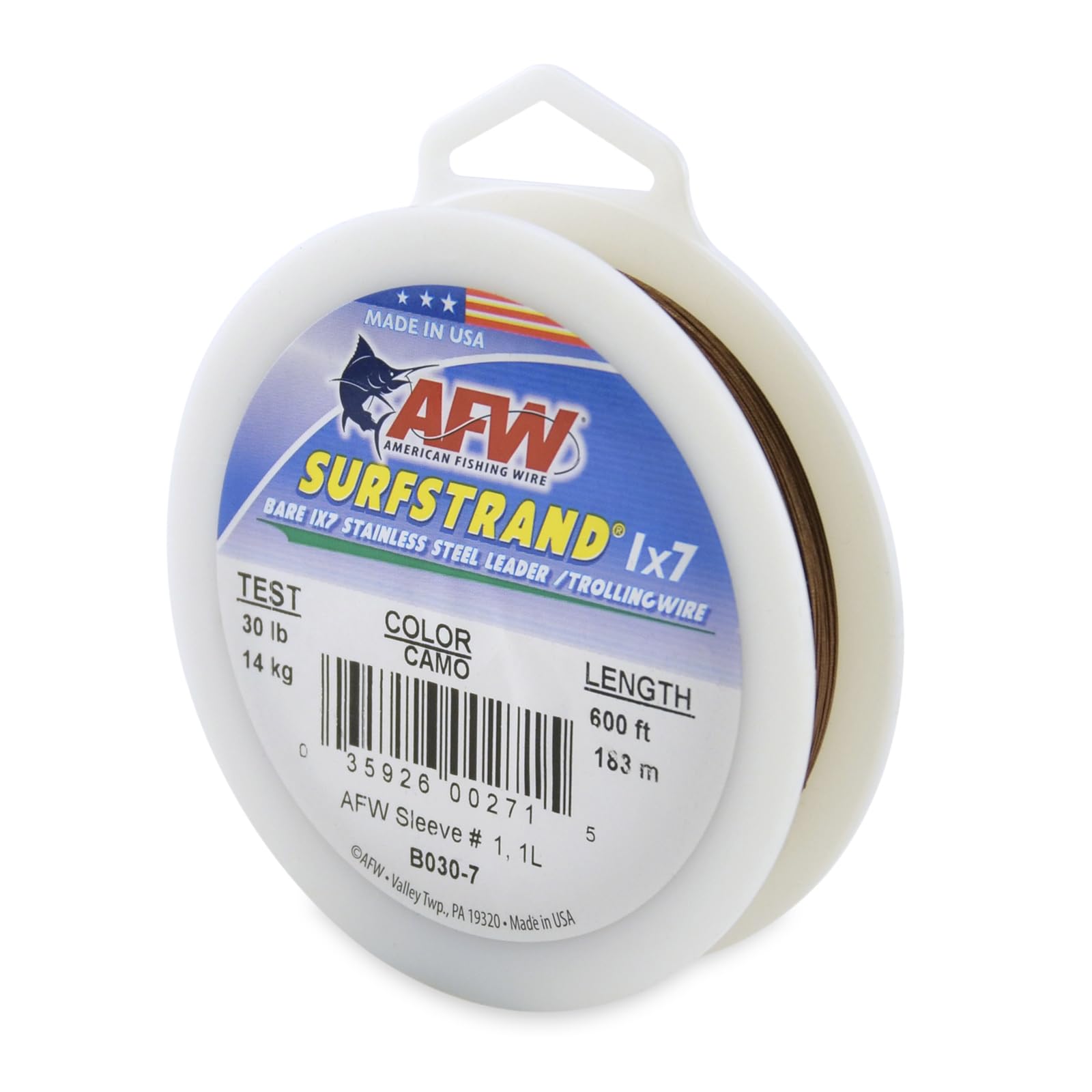 American Fishing Wire Surfstrand, Bare 1x7 Stainless Steel Leader Wire, 30 lb Test, 0.012" Diameter, Camo, 600 ft — image 1