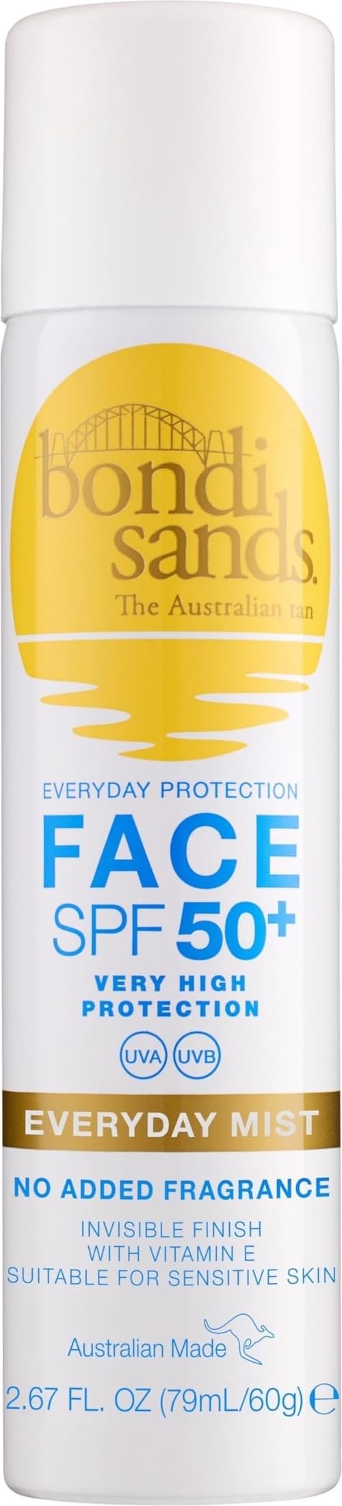 Bondi Sands SPF 50+ Fragrance Free Face Sunscreen Mist | Broad Spectrum UVA & UVB Protection with 72 Hour Hydration, Invisible Finish, Dermatologically Tested + Cruelty Free | 79 mL/2.11 Oz