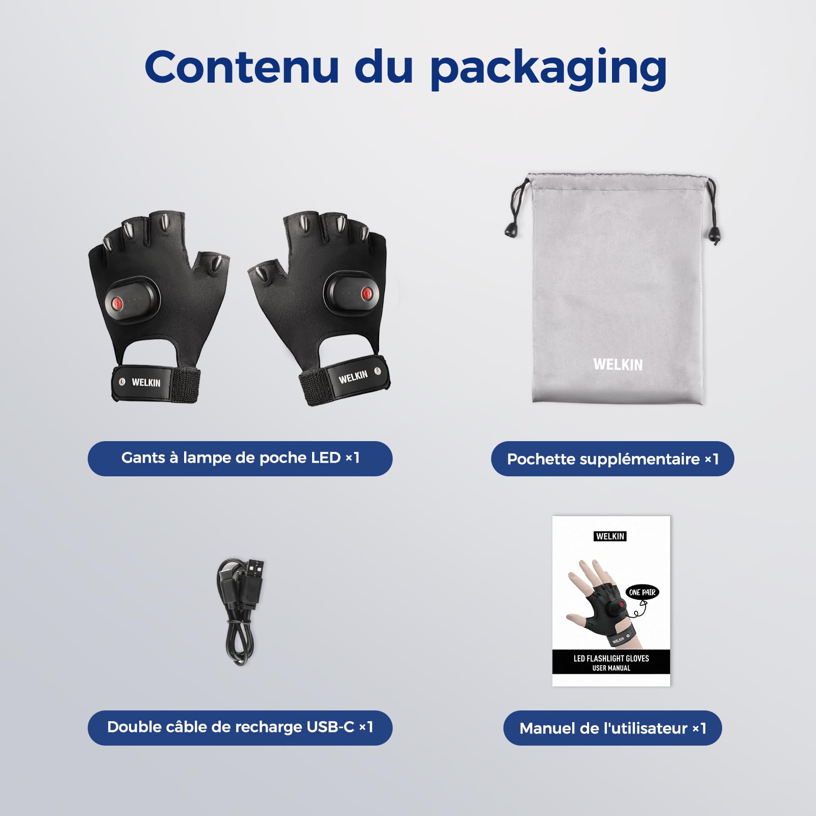 WELKIN Gants à LED avec lumière, lumières rechargeables, cadeaux pour hommes, lumières sans mains pour la pêche, longue autonomie