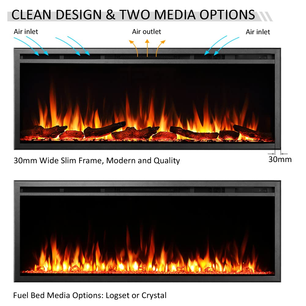 FLAMME Camino elettrico da incasso a parete Castello Slim Frame da 50" con 3 colori fiamma 750W/1500W
