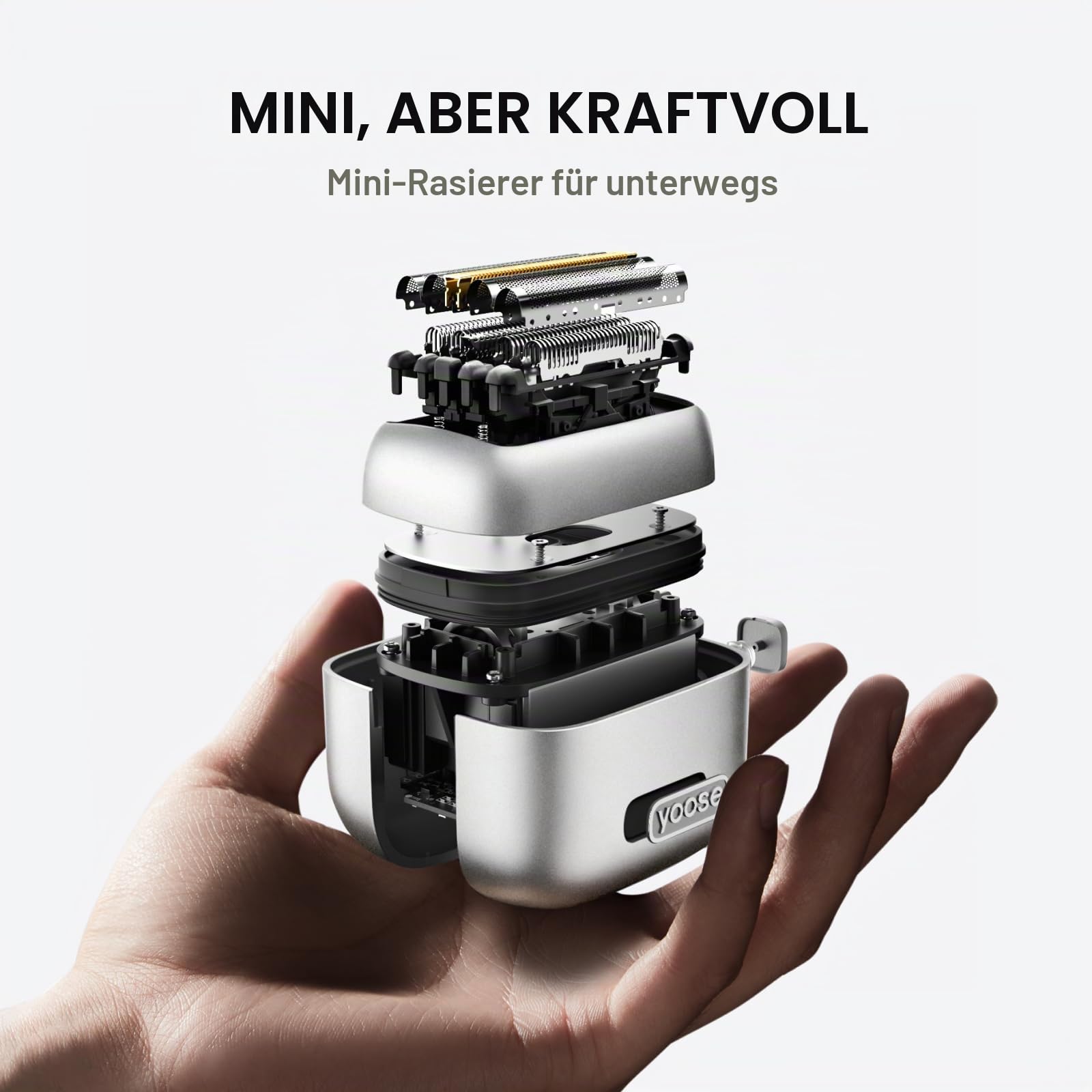 yoose mini Rasierer Herren elektrisch, IPX7 wasserdicht & USB-C wiederaufladbarer Elektrorasierer Herren, mini Rasierer mit magnetischem 5-Flexible-Klingen, Folienrasierer silber