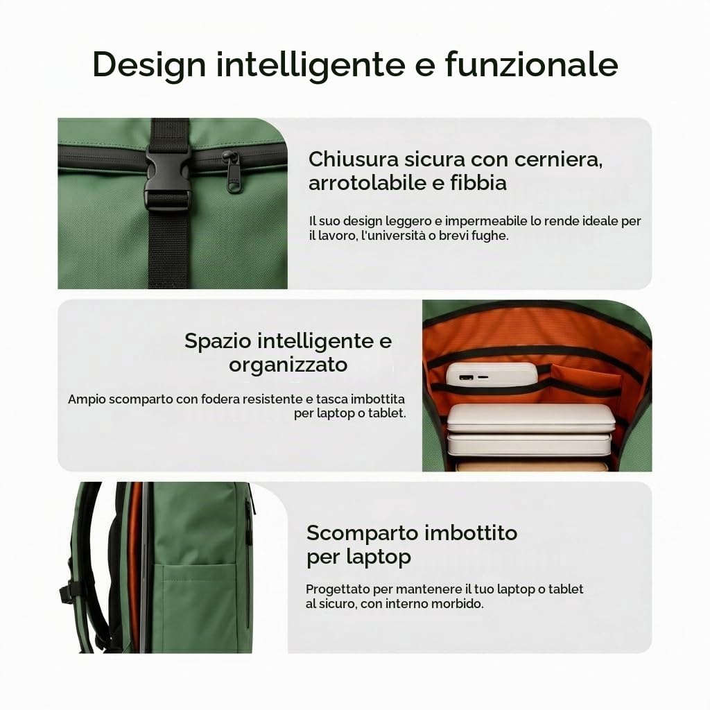 Zaino arrotolabile, impermeabile, espandibile, 20-25 l, con accesso rapido, portatile, casual, unisex, leggero, organizer, maniglia torlley, spallacci imbottiti, viaggi, lavoro, università, Verde