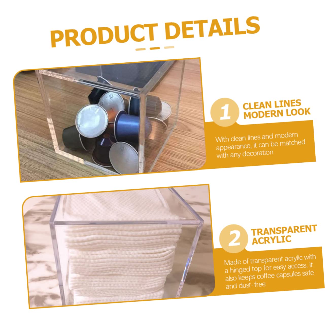 Caja de Acrílico Transparente para Cápsulas de Café Tapa | Formato Cuadrado de Sobremesa, Diseño Portátil y Estable, Apta para Joyas y Bolsitas de Té