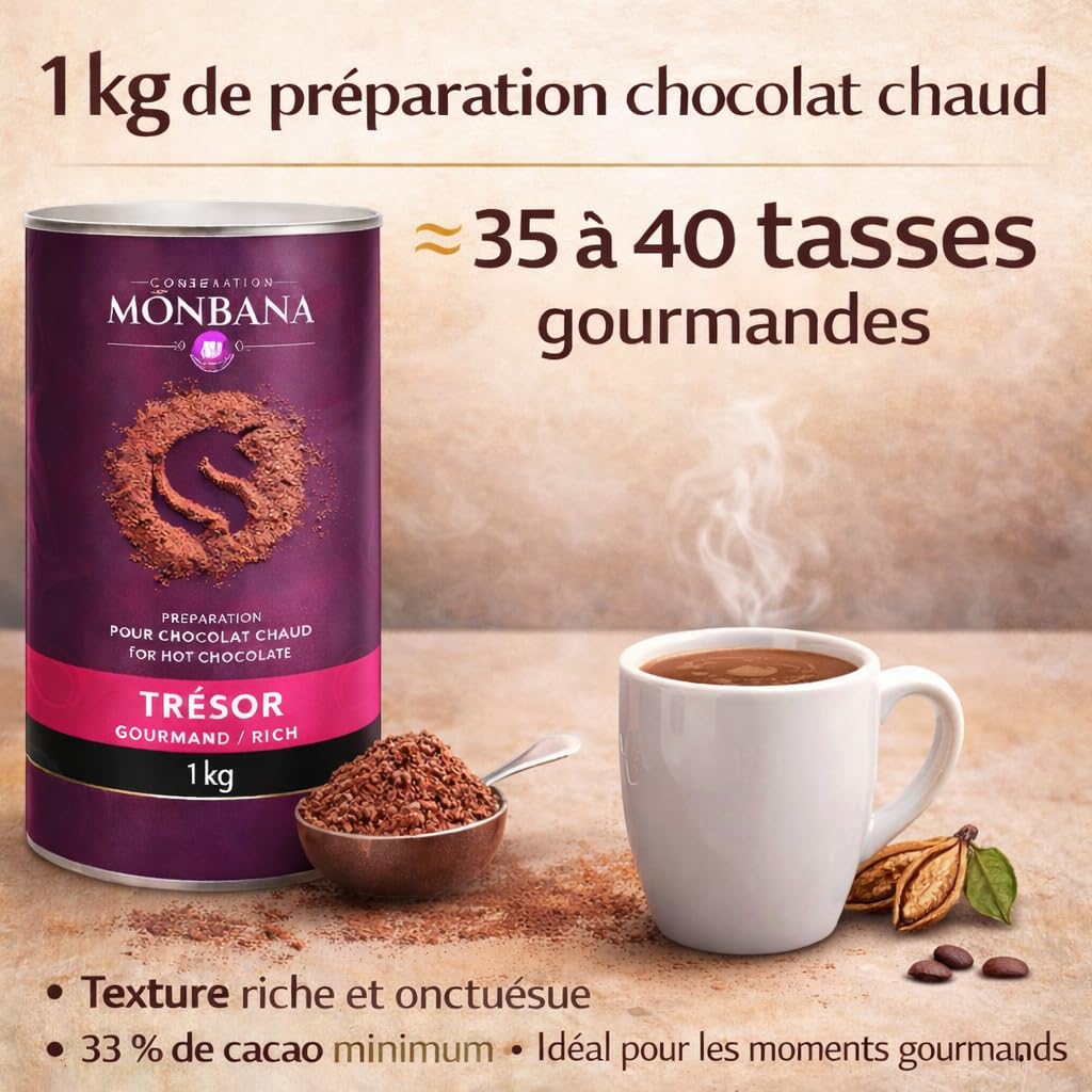 Chocolat en poudre MONBANA, 1 kg Trésor de monbana, préparation pour chocolat gourmand, chocolat chaud