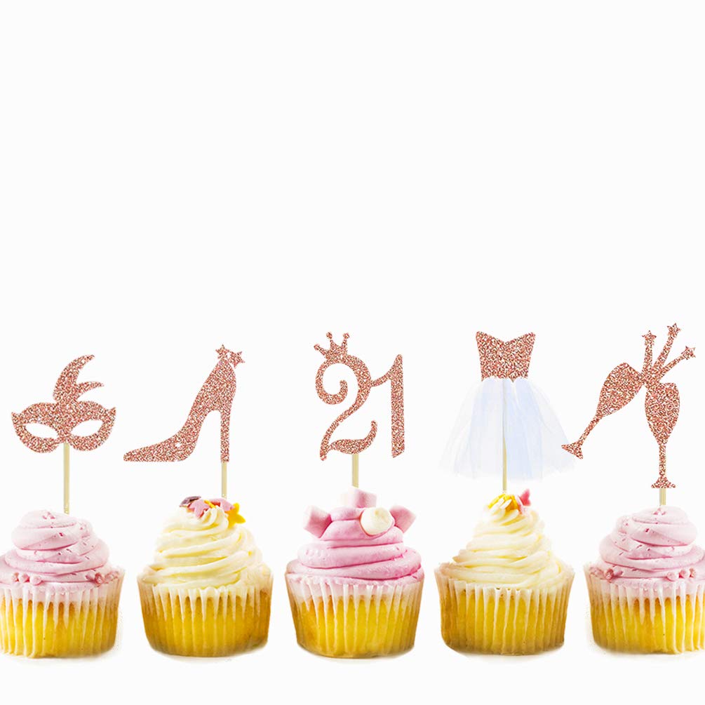 Buy 21 32Pcs Rose Gold Glitter Twenty One Birthday Party Decorations Cupcake Topper Kit With