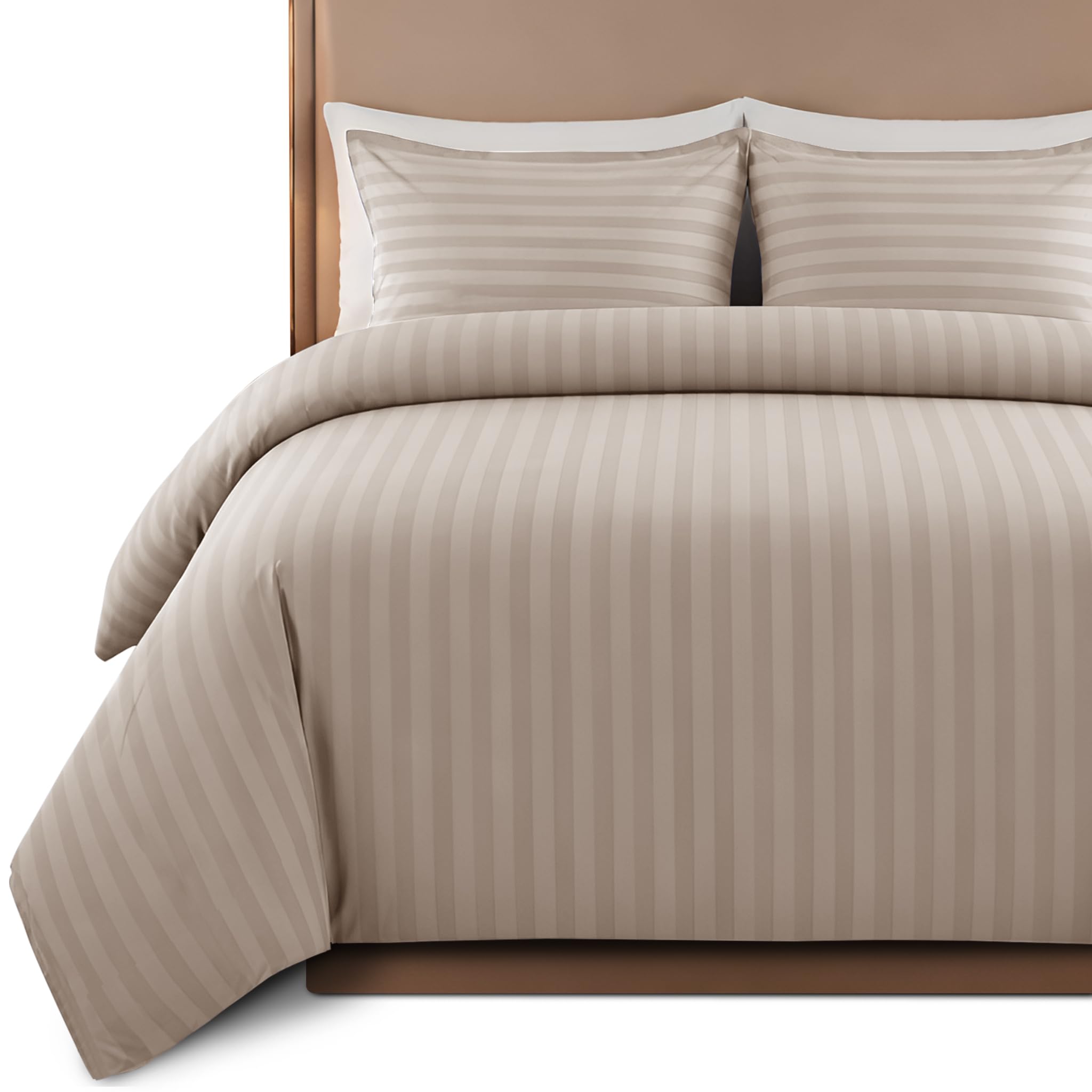 Hafaa Satin Stripe Super King Duvet Set Beige - Premium Hotel Quality Quilt Cover Bedding Sets - Hypoallergenic Ultra Soft Brushed Microfiber Bed Linen