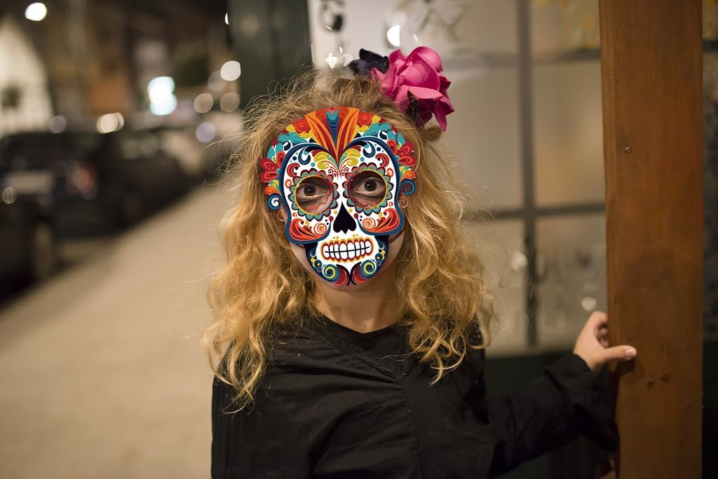 ALIBBON 6 Pcs Day of The Dead Mask Paper Sugar Skull Mask Full Face Mask with Elastic String Halloween Party Supplies