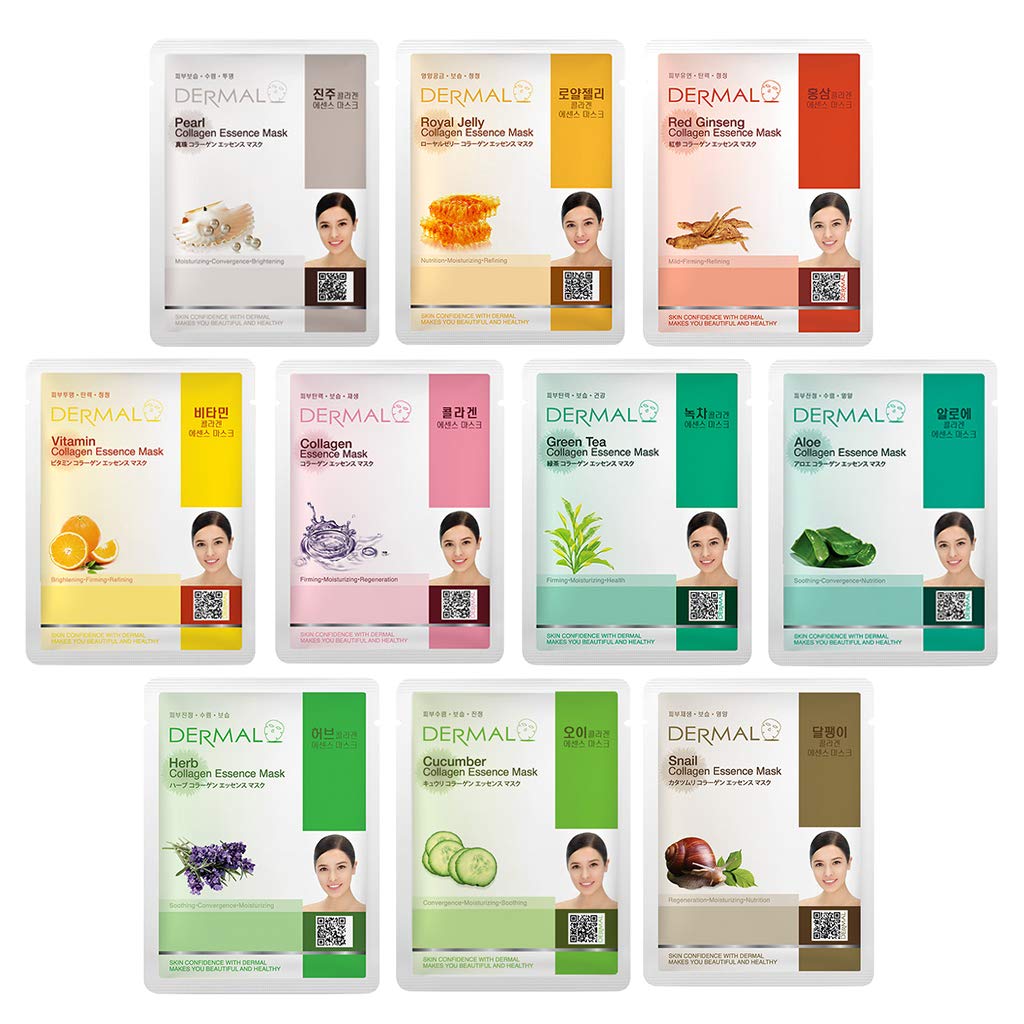 DERMAL Korea Collagen Essence Full Face Facial Mask Sheets (10 Pack Variety)