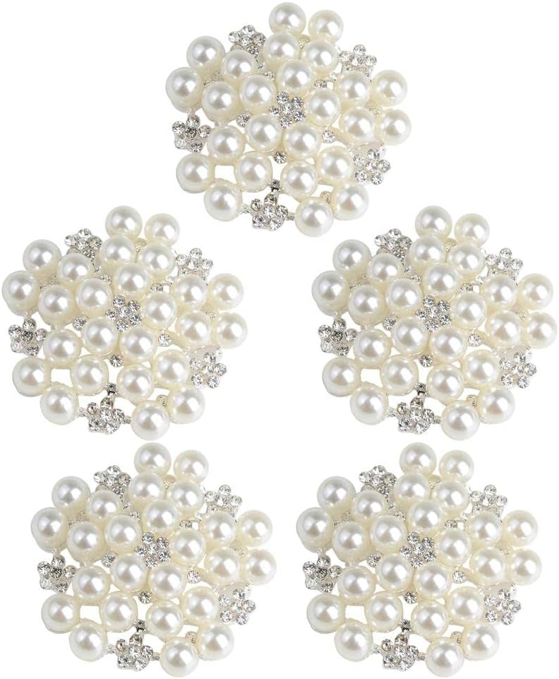Misppro 5pcs Pearl Diamante Crystal Flower Buttons Flat Back DIY Craft Embellishment Alloy Rhinestone Pearl Buttons for Garment Bags Headband 1.26 Inch