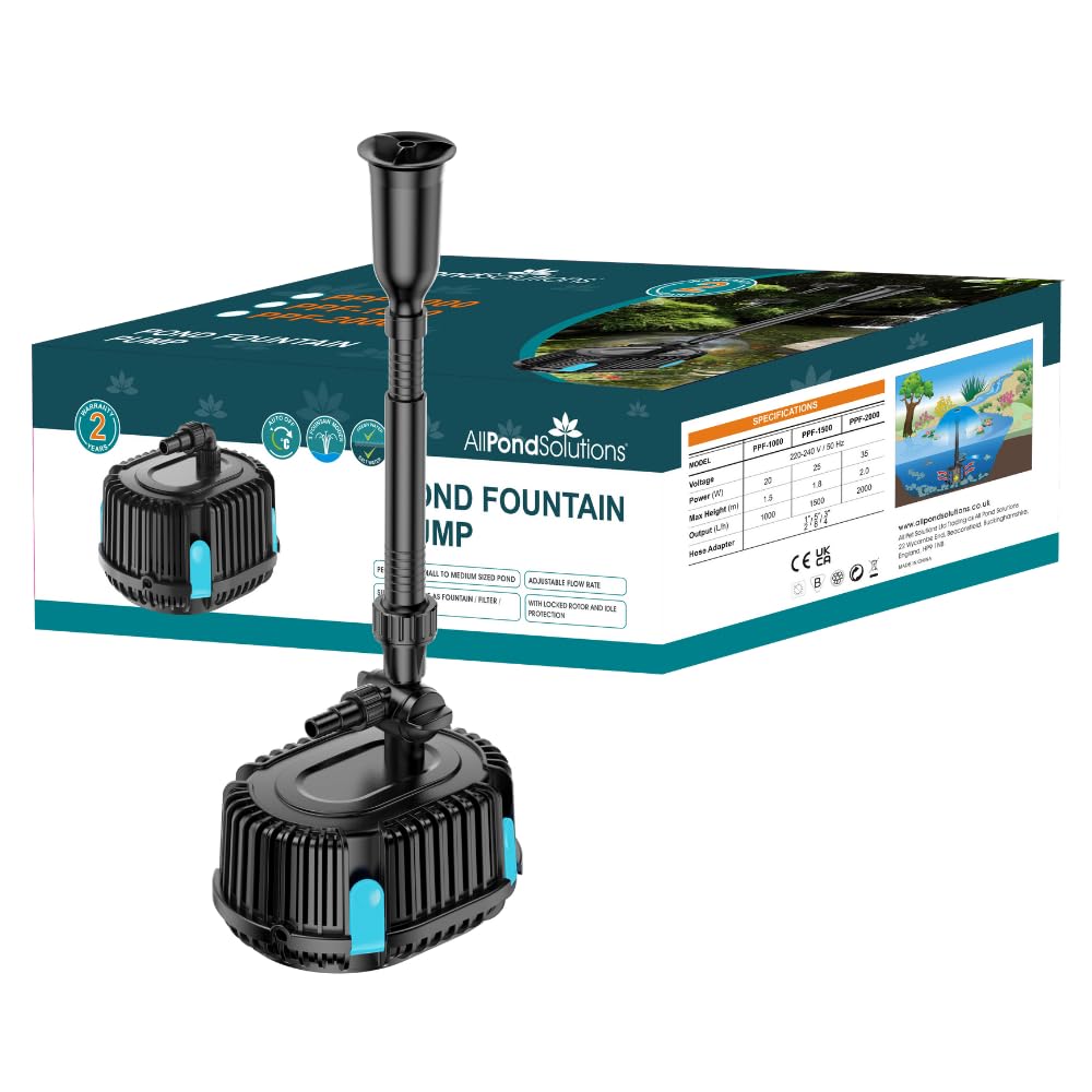 Allpondsolutions Ppf-2000 Pond Pump Submersible With Fountain Attachment For Outdoor Garden – Adjustable Flow 2000 Litre/Hour Flow Rate