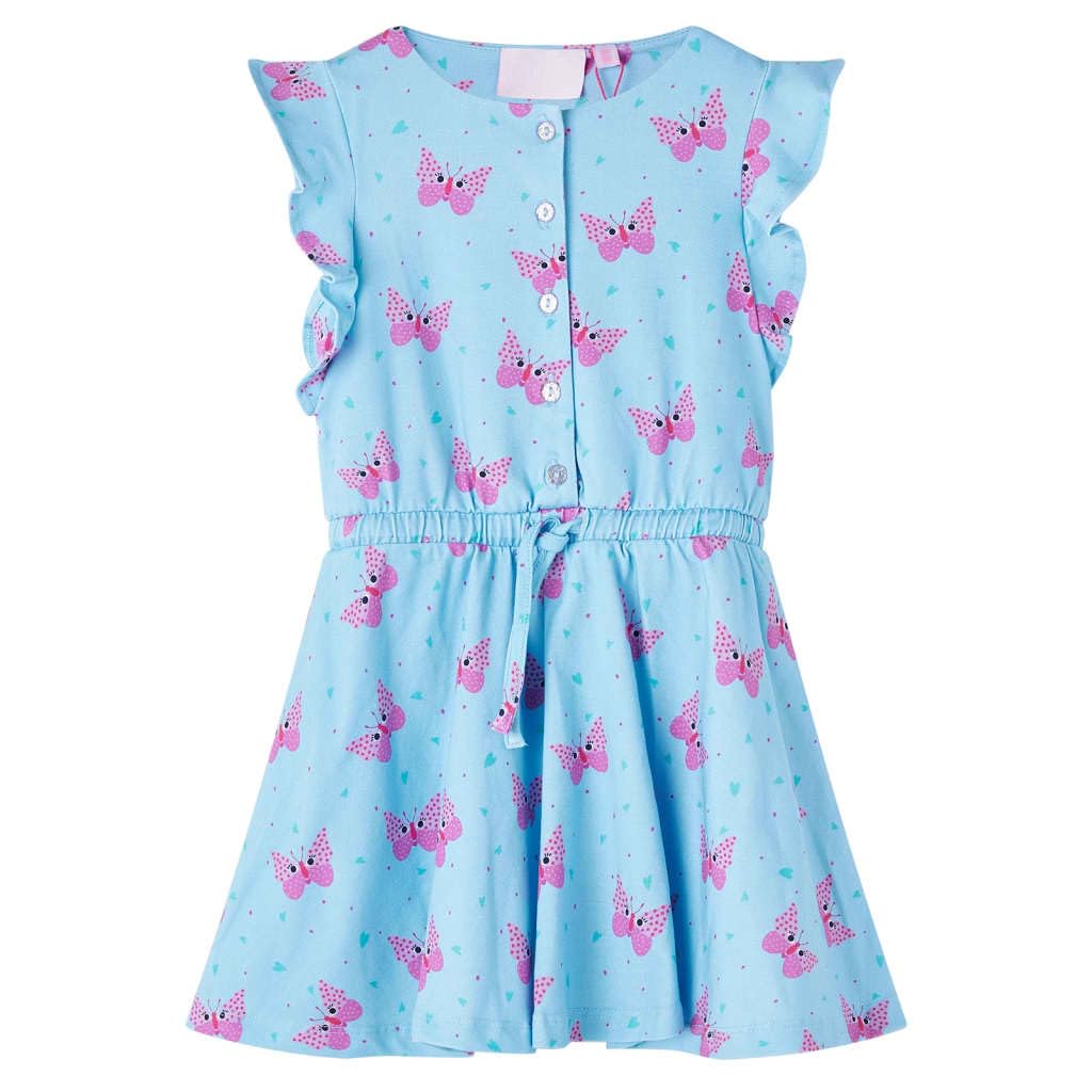 Vestido infantil niña azul verano sin mangas, algodón, volantes, botones, estampado de corazón y mariposa, adecuado para guardería, fiesta, cumpleaños, vacaciones, cómodo, transpirable