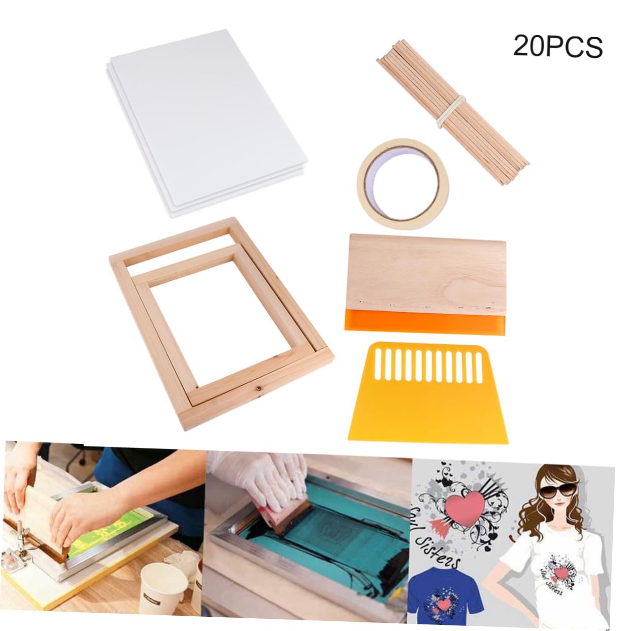 SEWOART 20 Stück Siebdruckset mit Holz Druckrahmen und Rakel