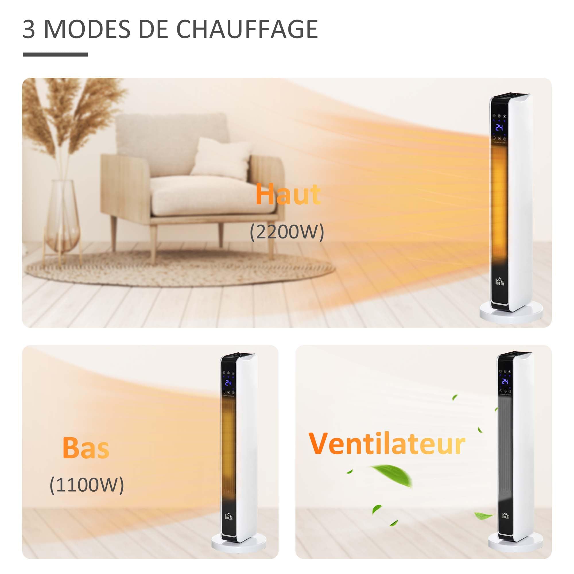 HOMCOM Radiateur Électrique Oscillant Céramique PTC 21 x 21 x 73 cm