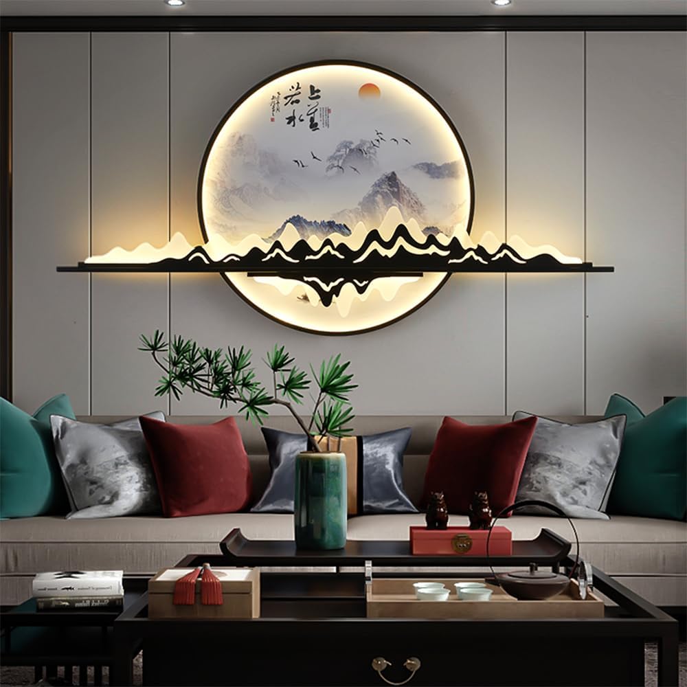 Lámparas de pared modernas LED mural de paisaje circular creativo chino lámpara de estudio de la Sala de estar del hogar (A D60cm 1pcs)