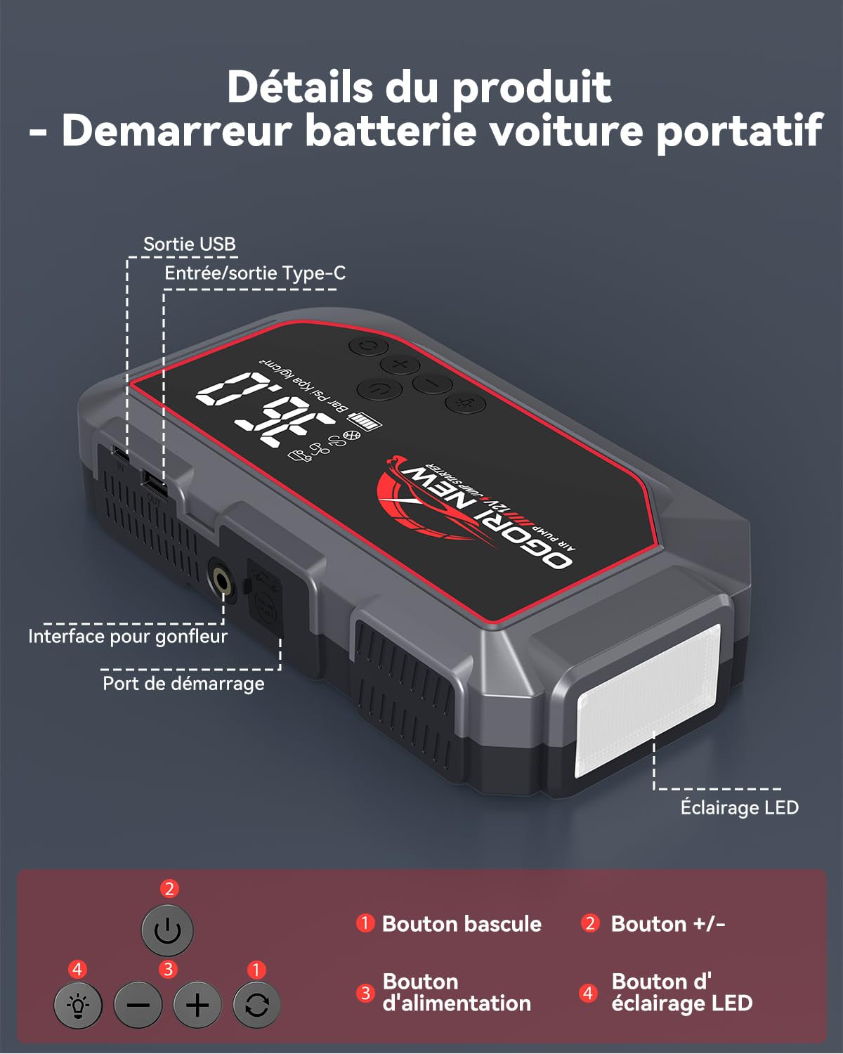 Booster Batterie Voiture avec Compresseur,7000A Démarreur Batterie,12V Démarreur Voiture avec 150PSI Gonfleur de Pneus,Jump Starter avec Powerbank et Chargeur USB (Essence 10L et Diesel 8L)