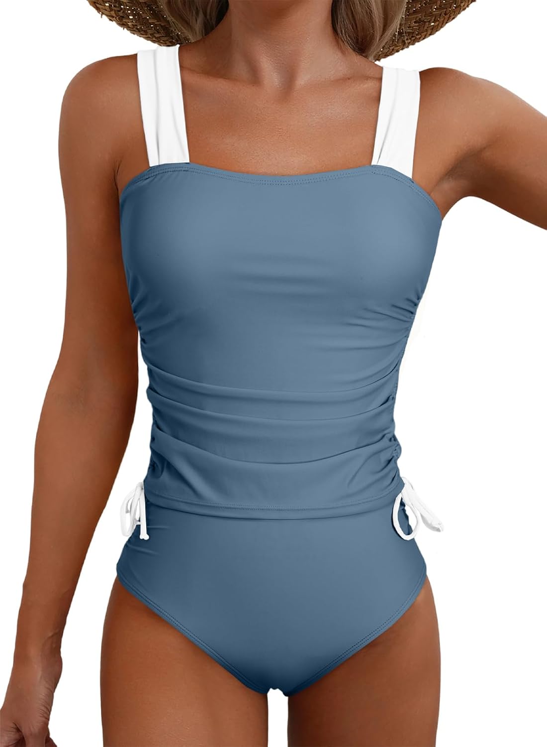 Aleumdr Womens Retro Ruched Two Piece Strappy Tummy Control Swimwear Tie Side Tankini Bathing Suit Set