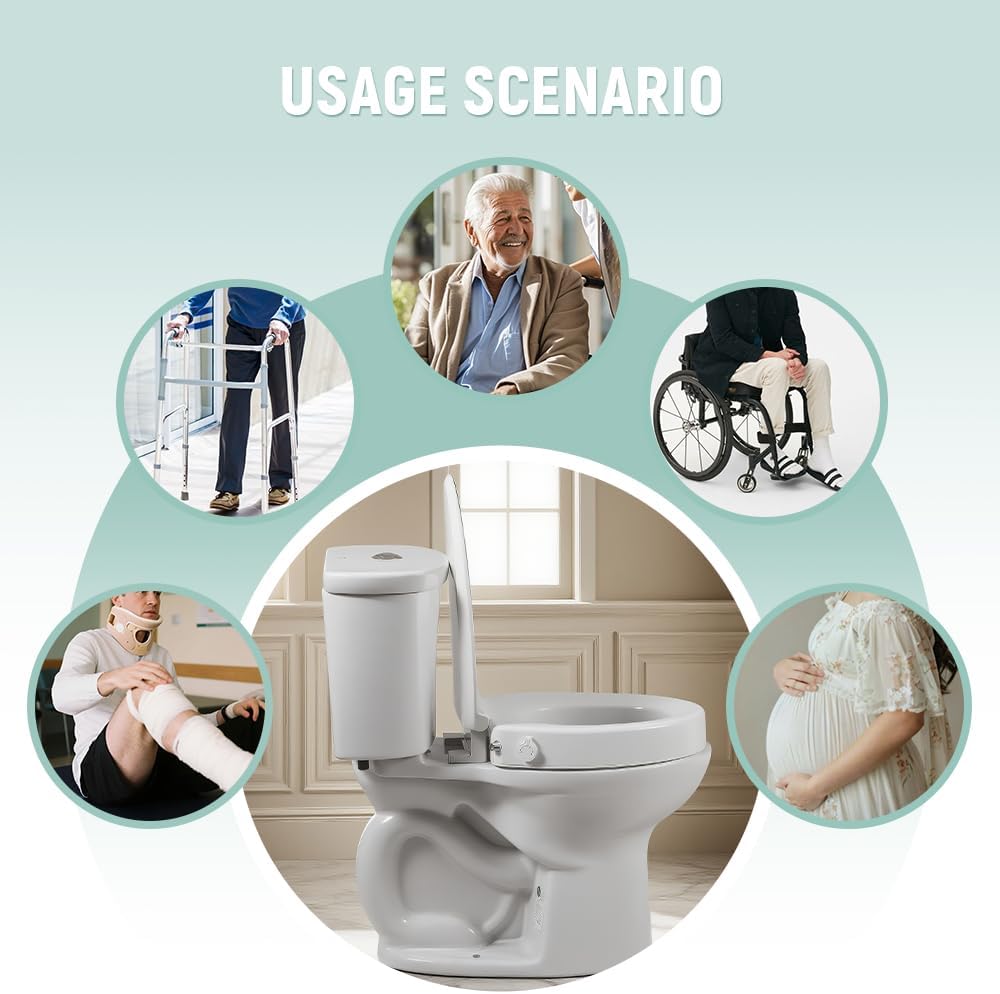 Bidet Toilet Seat Elongated, Raised Toilet Seat with Bidet Adjustable Water Pressure with Dual Nozzles, Non-Electric Bidet Toilet Seat Risers for Seniors (Ambient Water), White