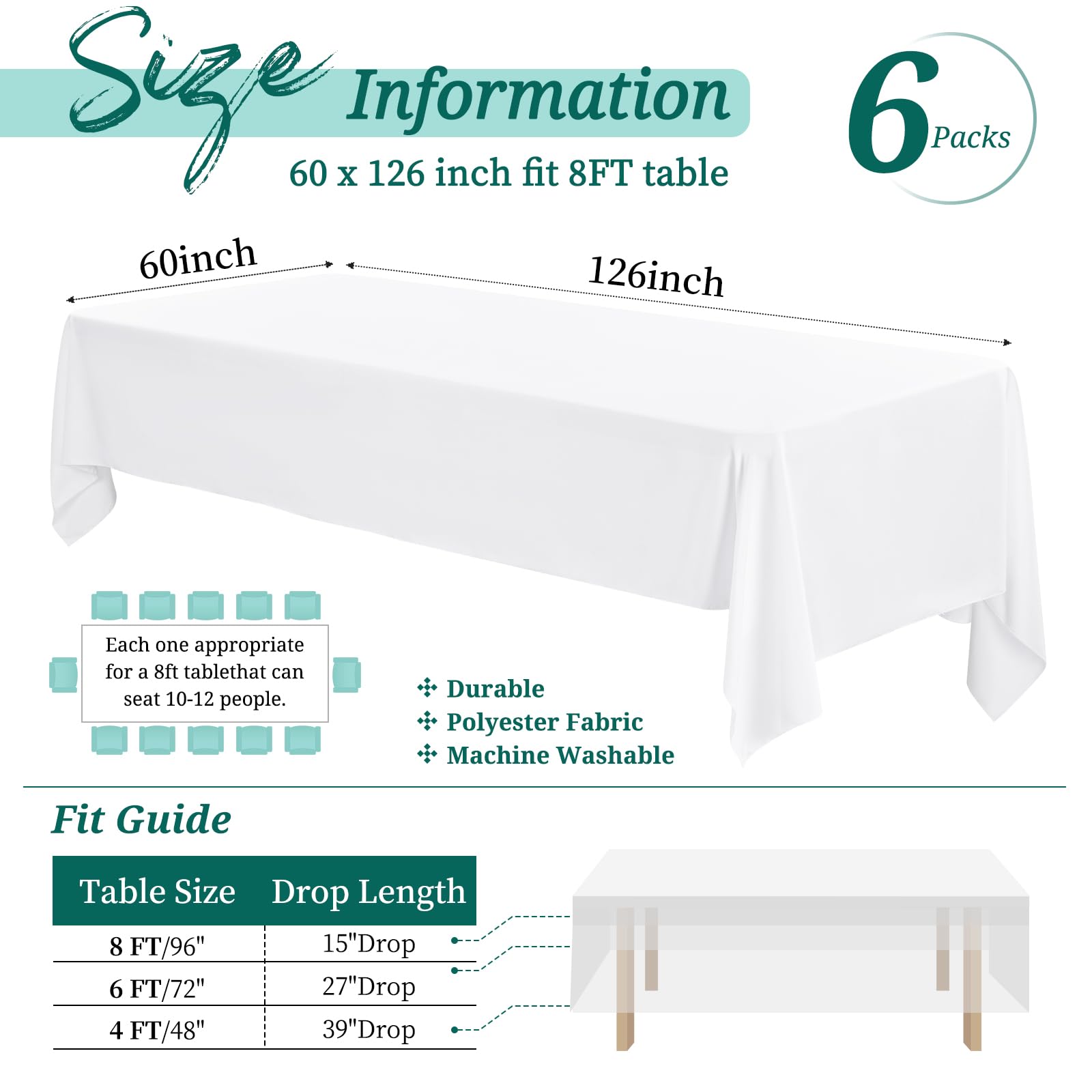 Showgeous Lot de 6 Nappes Rectangulaires 153x320cm en Coton Blanc, Housses de Table Lavables pour Mariage, Banquet, Restaurant