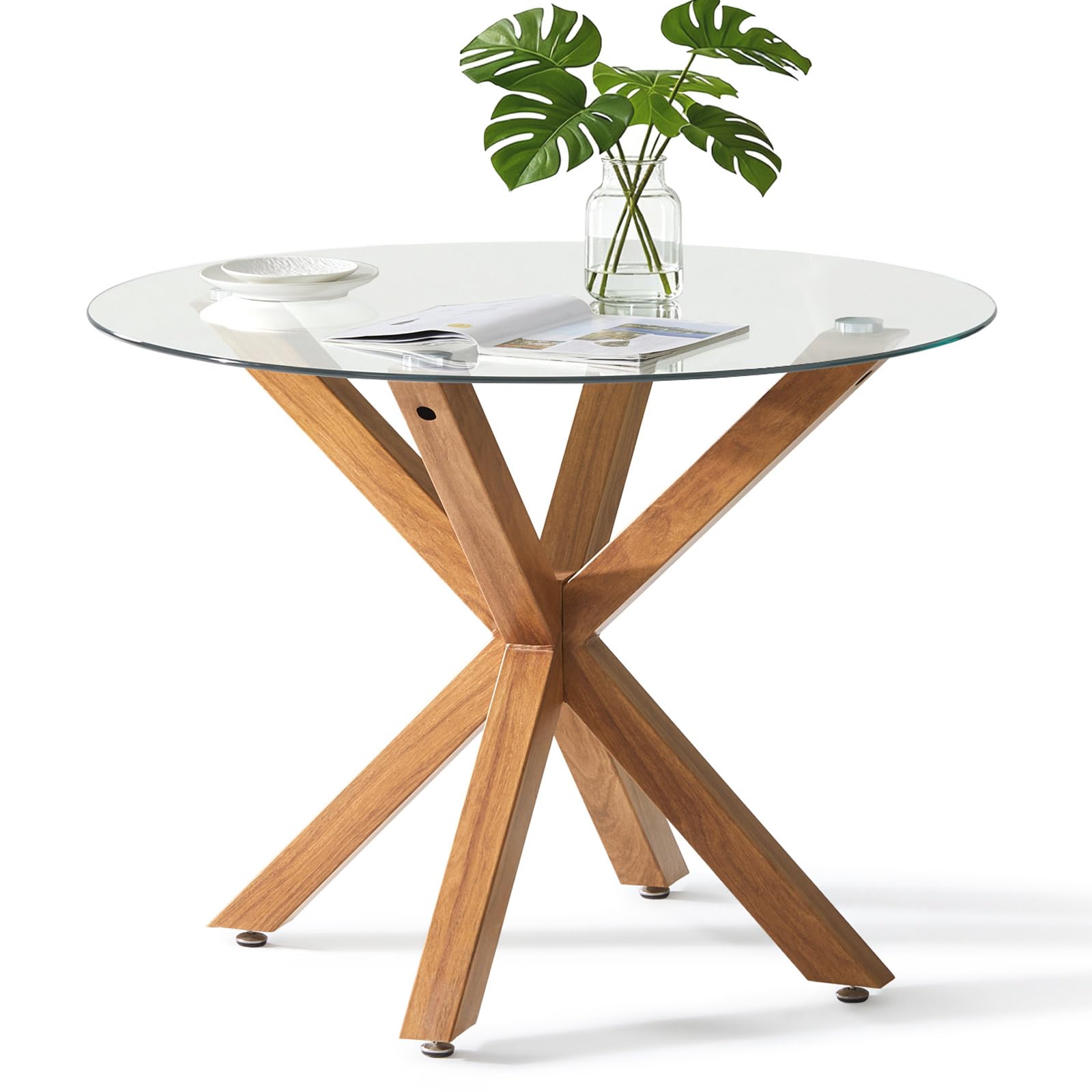 TUKAILAi Round Tempered Glass Dining Table for 4, 100cm Tempered Glass Top with Wood-Grain Metal Legs, Compact Kitchen Table for Small Space, Home Dining Room, Apartment
