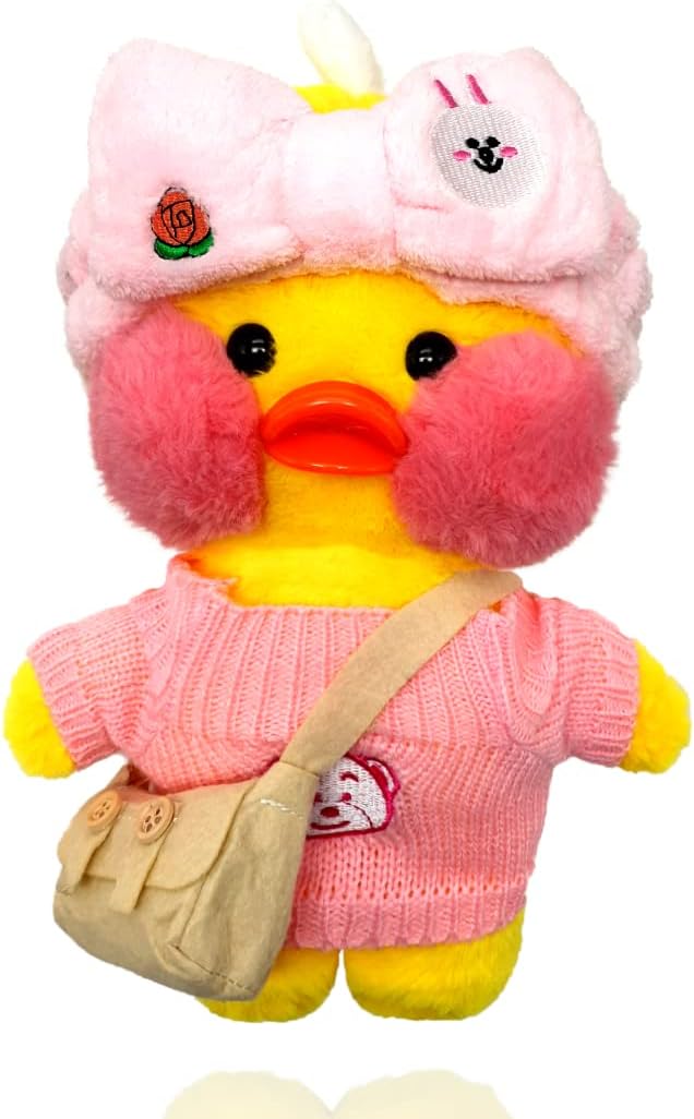 MAGIC SELECT Pato Kawaii de Peluche Amarillo Lalafanfan con Ropa y Accesorios. Pato Café Mimi Juguete de Peluche con Camiseta, Diadema y Bolso. Regalo para Niños y Niñas.