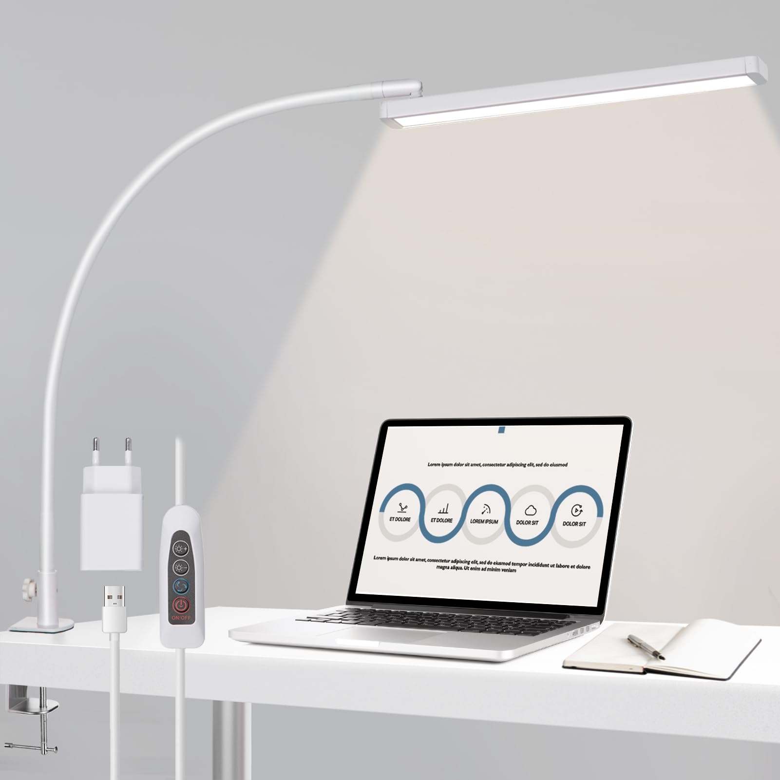 Lámpara Escritorio LED con Pinza, 14W Lámpara de Mesa de cuello de cisne, 1100LM Lámpara de Arquitecto, 10 Niveles de Brillo X 5 Modos Regulable, Lámparas LED Escritorio para Oficina, Lectura, Estudio