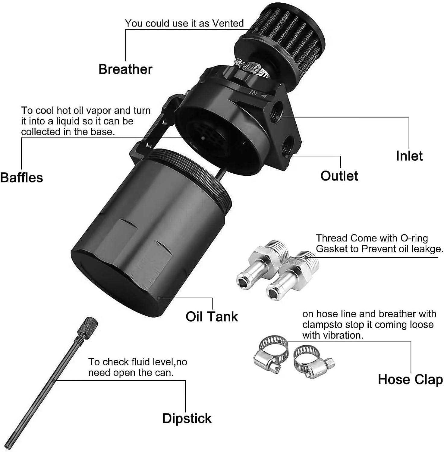 Universal Baffled Oil Catch Can 400ml Aluminum Polish Oil Separator Catch Can Kit Reservoir Tank with Breather Filter & 3/8" Fuel Line/6 Fittings/Necessary Accessories,Black
