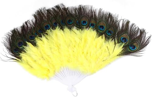 DECHOUS Abanico de fiesta, 1 unidad, ventilador de mano de pavo real, ventilador plegable, ventilador de baile de ropa de pavo real amarillo pavo