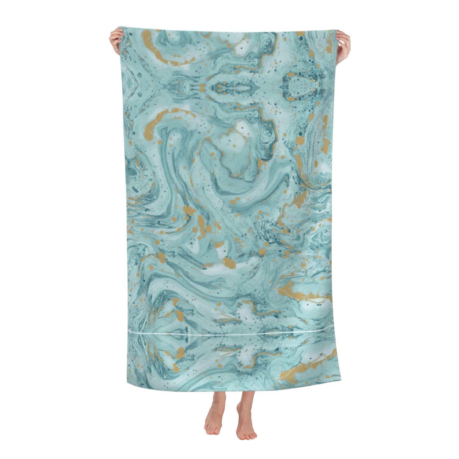 KPXXAQT Azurite Teal And Foil Gold Oil Marble Pattern Print Oversized Adult Beach Towel Quick-Dry Travel Swimming Camping Outdoor Adventures