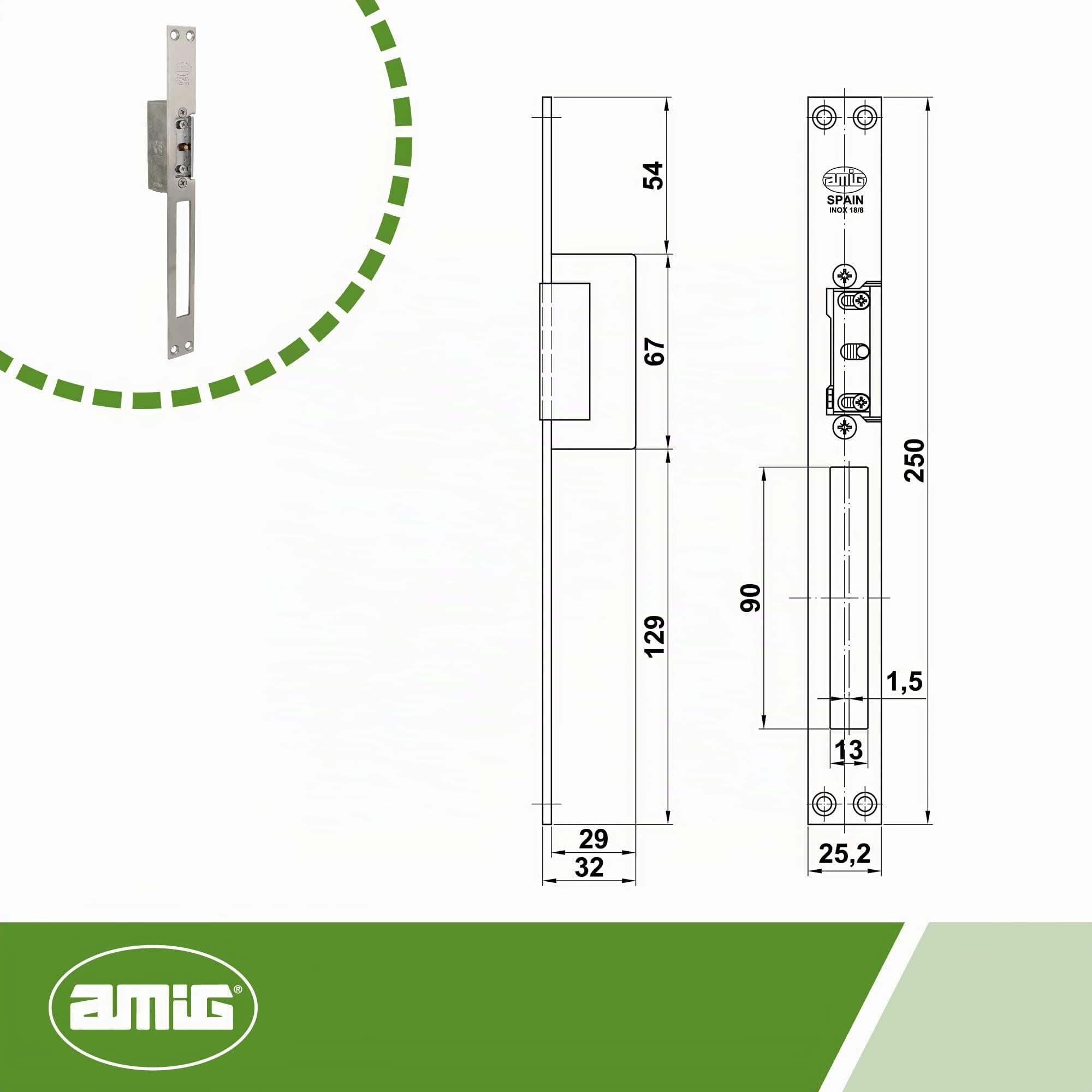 Amig - Elektrischer Türöffner | Modell 21 | 250 x 25 x 3 mm | Stromstärke: 1,1 A | Inklusive Spule mit 8-12 V Wechselstrom | Türschloss für Portale, Geschäfte oder Büros