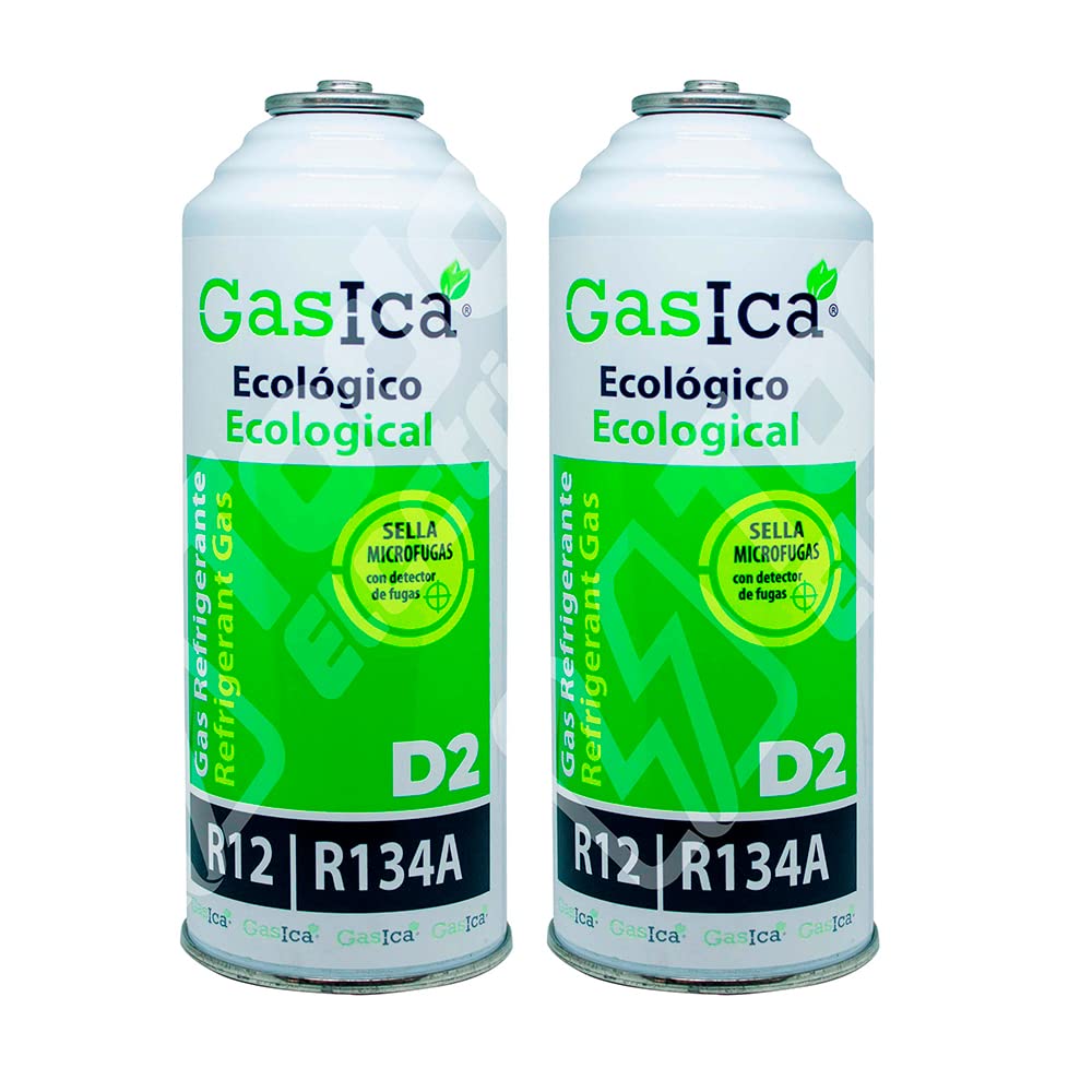 PACK 2 bottiglie Gasica D2 Sostituzione gas refrigerante R12 e R134A e tubo con manometro per ricarica aria condizionata