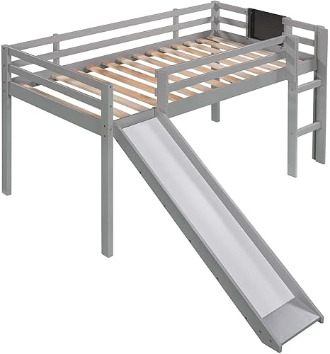 Miniatura 5 de TMEOSK Twin Loft Bunk Bed with Slide Stair and Chalkboard Solid Wood Low Bunk Bed Frame wStorage Space and Safety Guardrail for Boys Girls Toddlers