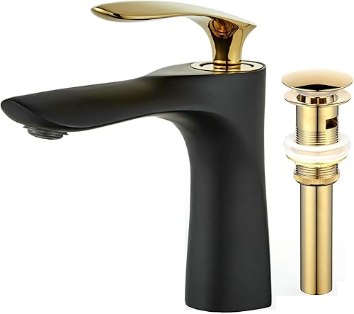 Leekayer Grifo de baño de una sola manija con acabado en oro negro, grifo de latón con un agujero, montaje en cubierta, lavabo de doble acabado con
