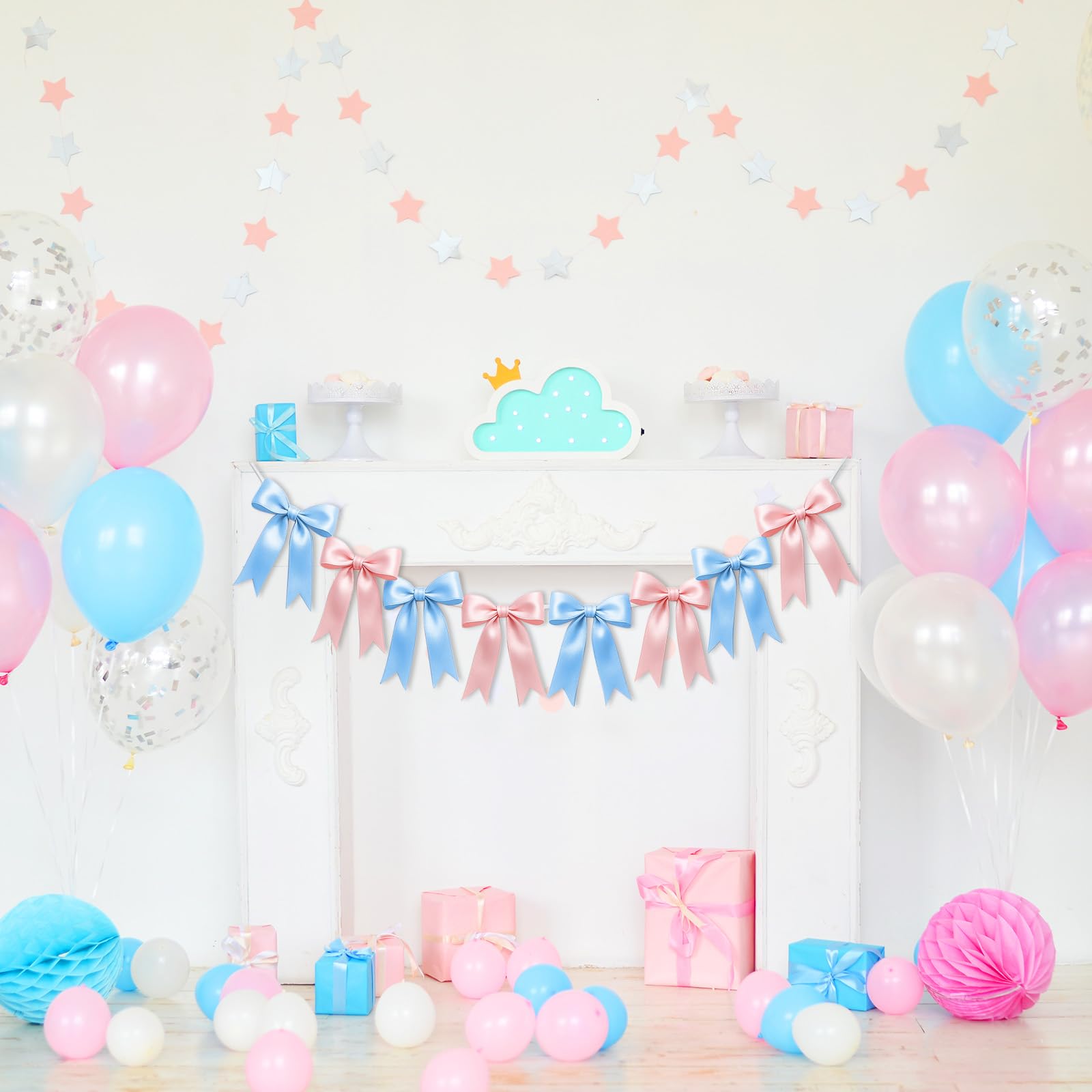 1 String of 8PCS Baby Pink&amp;Baby Blue Bow Garland Banner Decoration,Pre-Strung Satin Ribbon Ornaments for Gender Reveal Party,Baby Shower,Birthday,Bridal Shower,Graduation Decor,Anniversary,Wedding