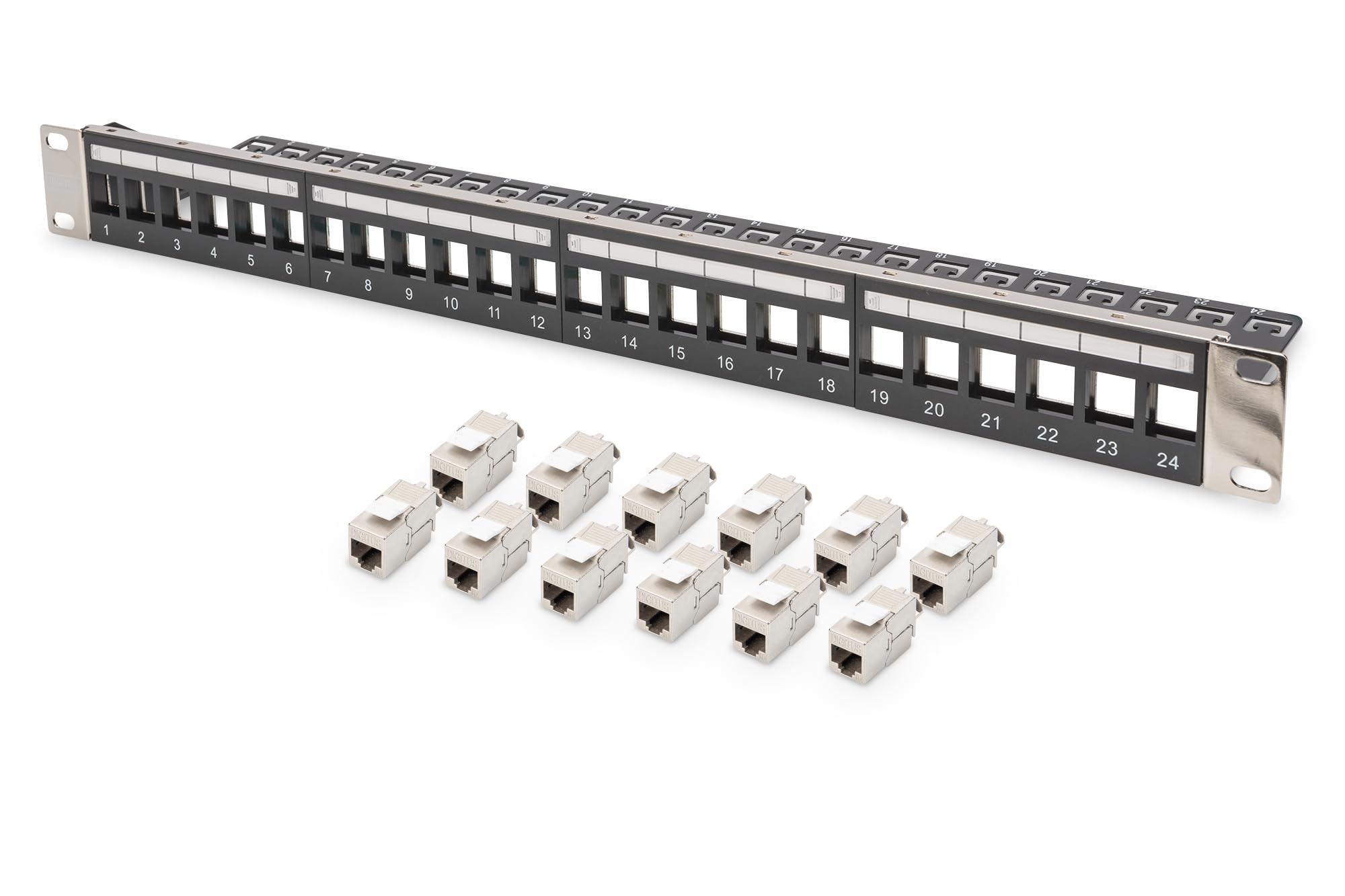 DIGITUS Set: Panneau de Brassage - Modulaire - 19 Pouces - 24 Ports - Blindé - Montage en Rack 1U - Noir - avec 12x Module Keystone Cat6A