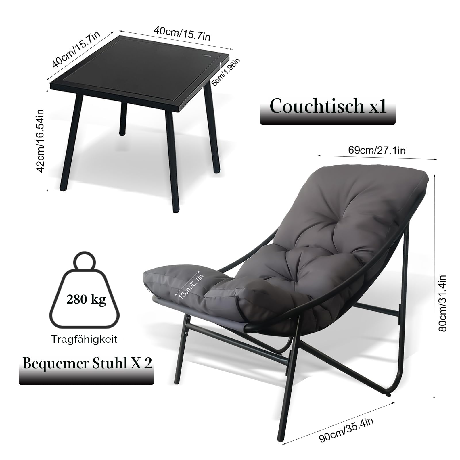 Gartenmöbel Set 3 teilig, Balkonmöbel Set, Balkonmöbel Kleiner Balkon mit Abnehmbar Kissen & Tisch, Lounge Gartenmöbel, Bequemer Balcony Furniture Sitzgruppe (Grün)