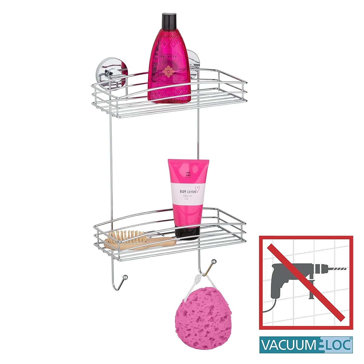 WENKO Wandregal Mod. Vacuum-Loc mit 2 Etagen und 2 Haken Duschablage ohne Bohren verchromtes Metall Drahtkorb-Design Maße 26 x 44 x 15,5 cm