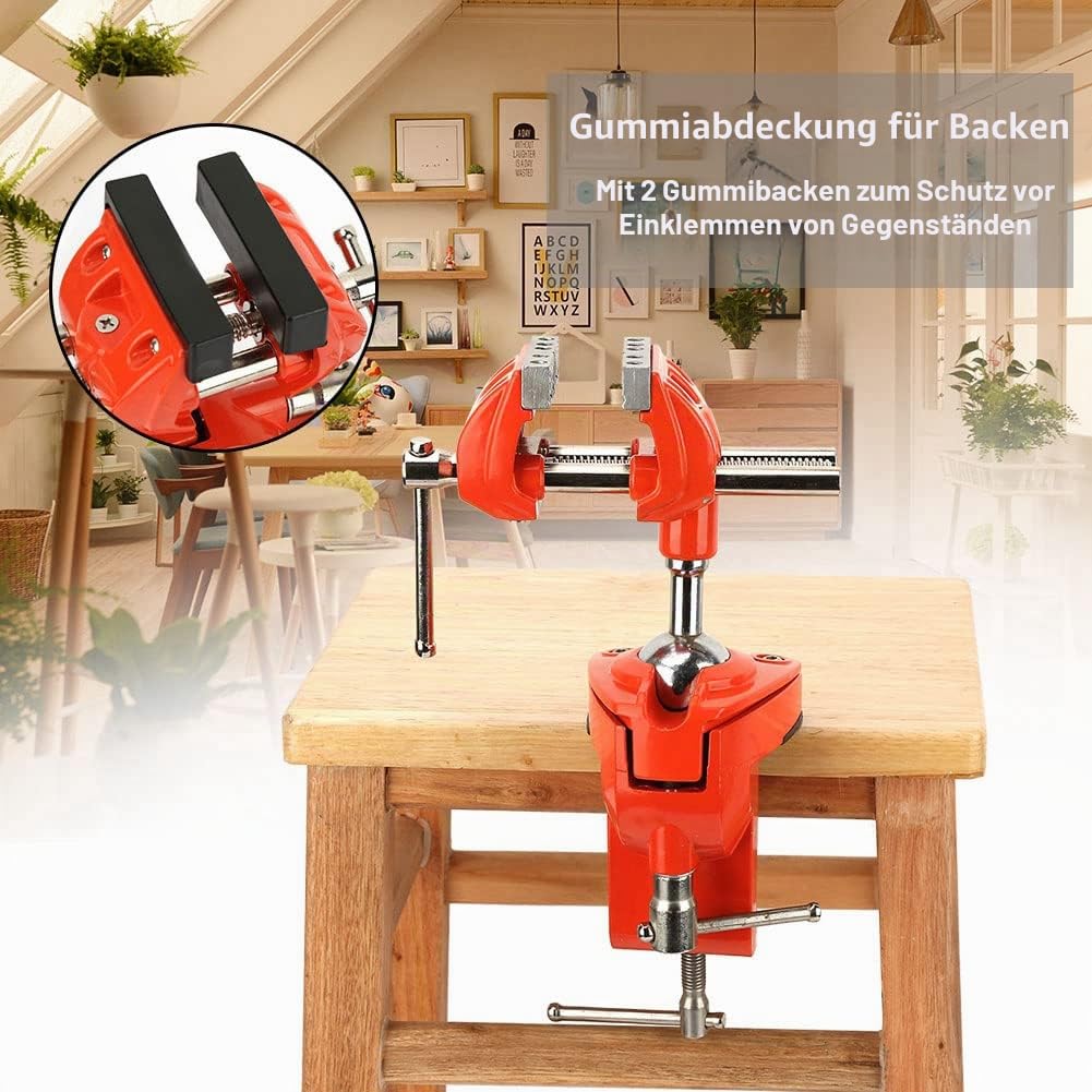 Mini Schraubstock 360° Schwenkbar, Backenbreite 70mm, Tischschraubstock mit Großen Härte, Rutschfest Gummi Scheibe für Fixieren von Werkstücken im Holzbearbeitung Schweißen Gebrauch