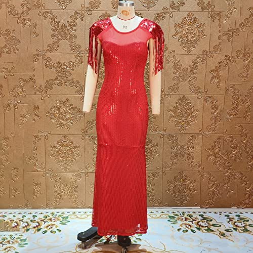 Image of Cololura Sexy Sequin Tassel Mesh Perspective Party Cocktail Bodycon Evening Club Maxi Dress