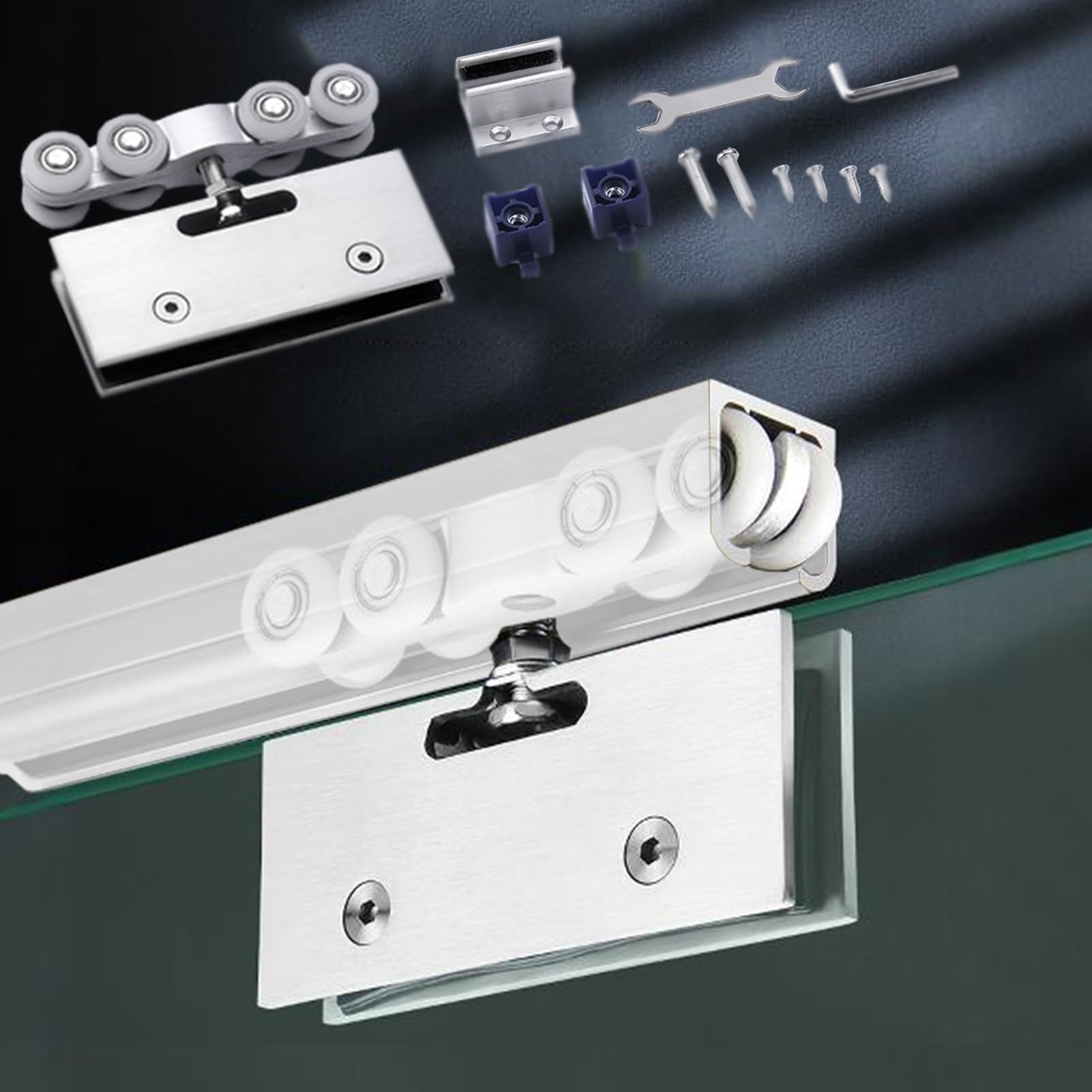 PALSINBY Sliding Glass Door Track Kit, Aluminum Alloy Sliding Door Track Hardware Kit For 10-12mm Glass 0.7-4.0m(Silver,4.0m(13.1ft))